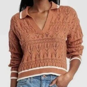 Universal Thread Burnt Orange Pointelle Collared Cropped Sweater XL
